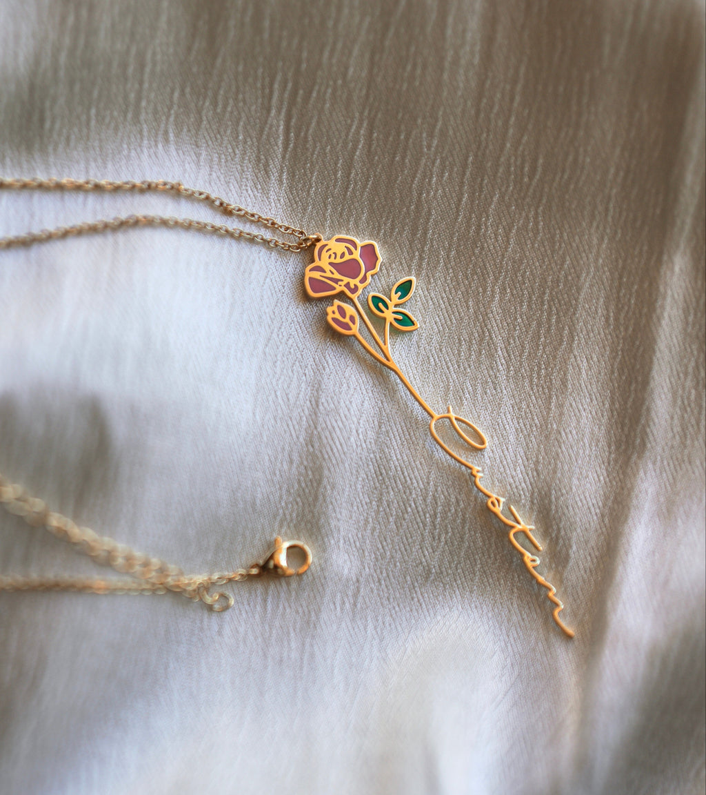 Custom Birth Flower Name Necklace – Personalized Stainless Steel Jewelry