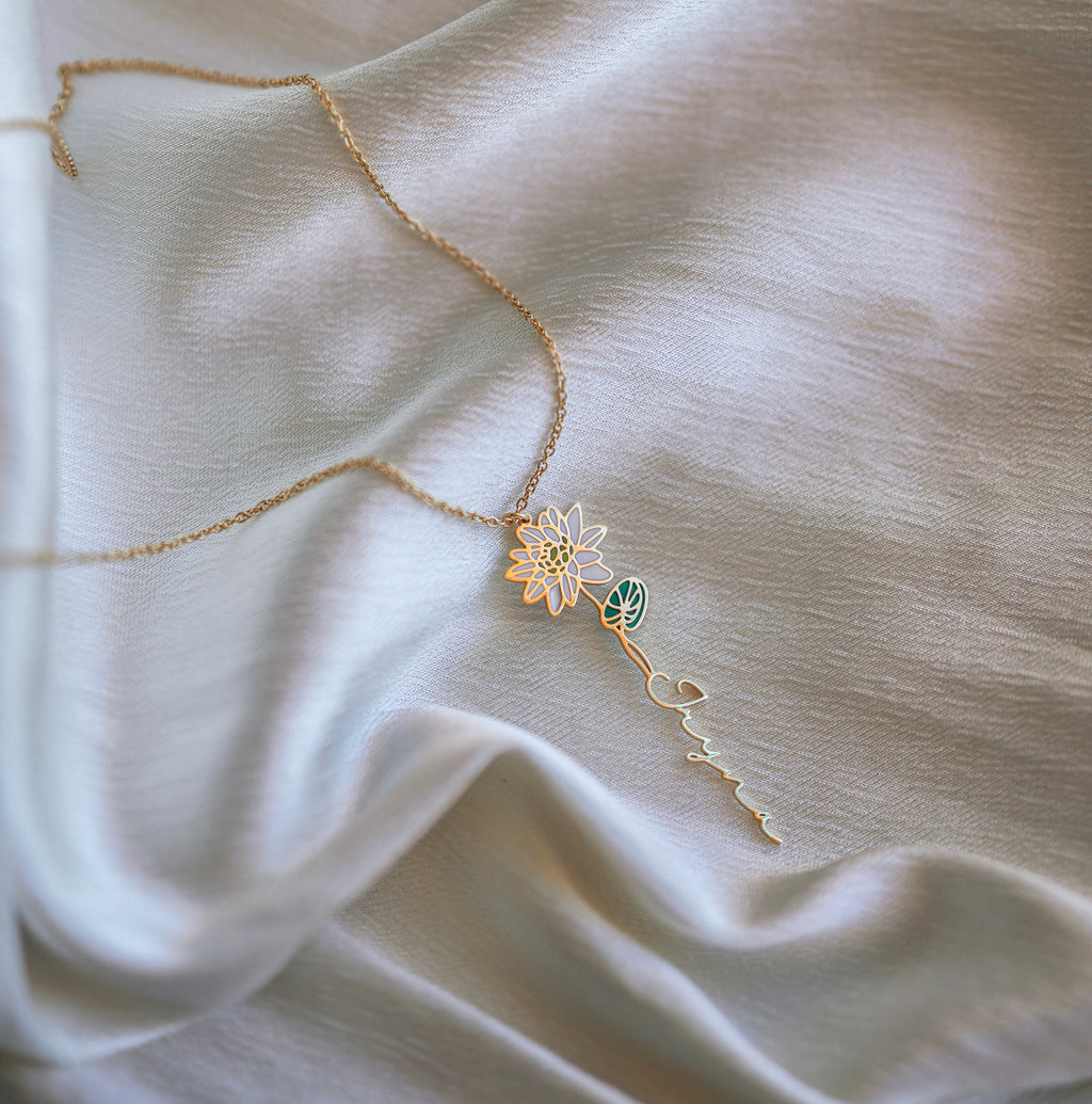 Custom Birth Flower Name Necklace – Personalized Stainless Steel Jewelry
