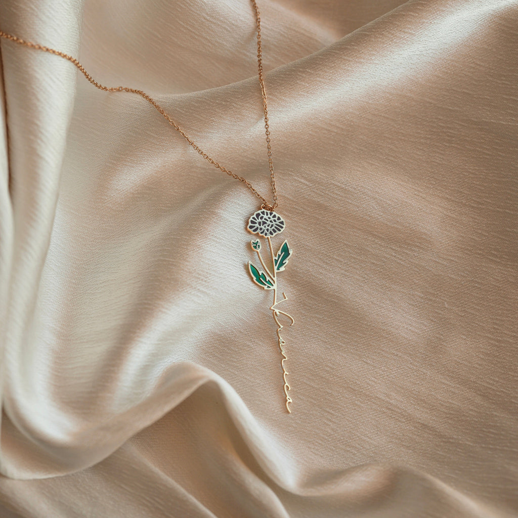 Custom Birth Flower Name Necklace – Personalized Stainless Steel Jewelry